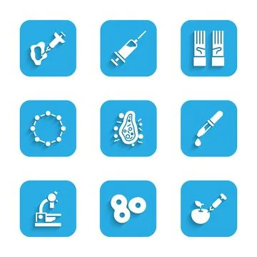 Set Bacteria, Cell division, Genetically modified apple, Pipette, Microscope Stock Illustration