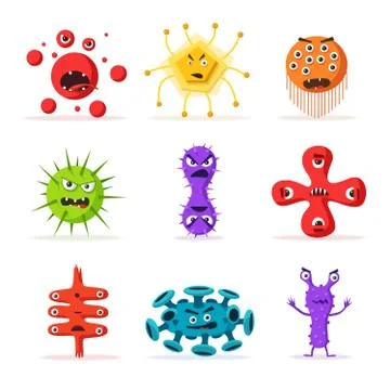 Set of bacteria characters. Cartoon vector illustration. Microbiology Stock Illustration