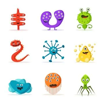 Set of bacteria characters. Cartoon vector illustration. Microbiology Stock Illustration