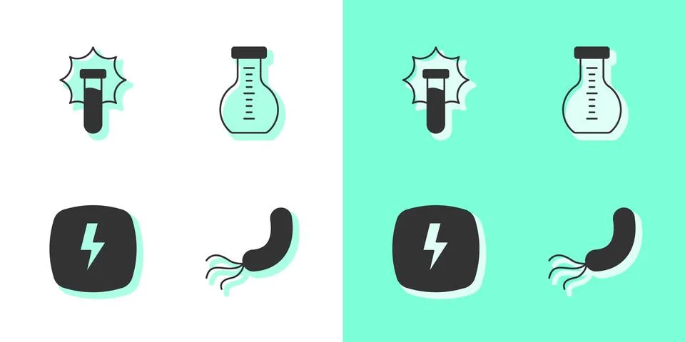 Set Bacteria, Explosion in the flask, Lightning bolt and Test tube icon. Vector Illustrazione stock