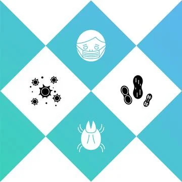 Set Bacteria, Parasite mite, Face in protective mask and Peanut icon. Vector Stock Illustration