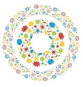 A set of bacteria round frames. bright multicolored round borders of microbes Stock Illustration
