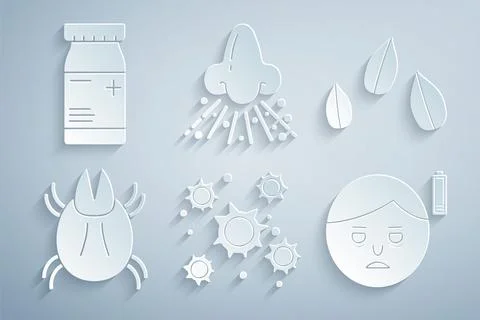 Set Bacteria, Sesame seeds, Parasite mite, Fatigue, Runny nose and Medicine Stockillustratie