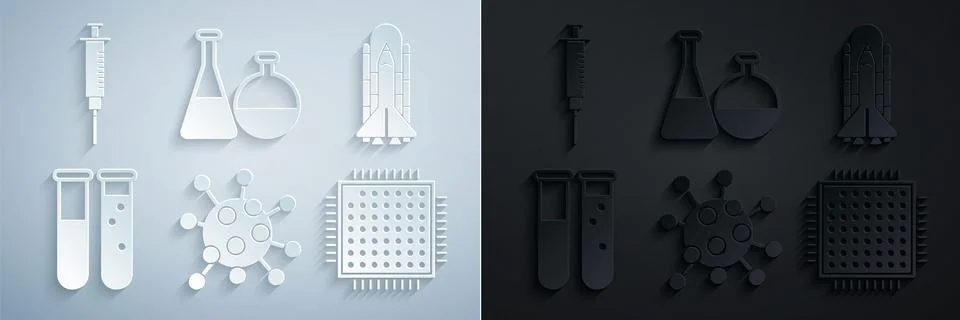 Set Bacteria, Space shuttle and rockets, Test tube flask chemical laboratory Stock Illustration