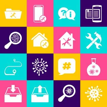 Set Bacteria, Test tube with virus, Crossed hammer and wrench, Question Stock Illustration