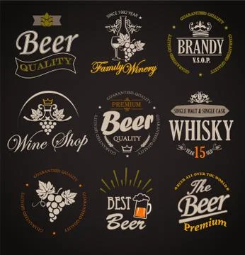 Set of badges and labels elements for alcohol. Illustrazione stock