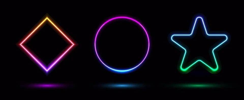 Set of badges frames glowing neon lighting geometric square, circle, star on Stock Illustration
