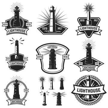 Set of the badges with lighthouses. Design elements for logo, la Stock Illustration