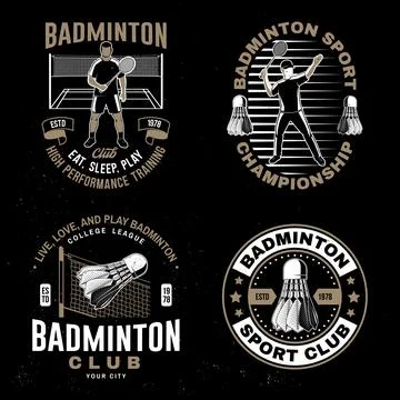 Set of badminton sport badge, patch, emblem, logo. Vector illustration. Vinta Illustrazione stock