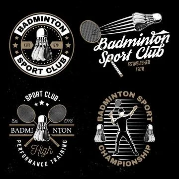 Set of badminton sport badge, patch, emblem, logo. Vector illustration. Vin.. Illustrazione stock