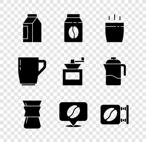 Set Bag of coffee beans, Coffee cup, Pour over maker, Location with, Street Ilustração Stock