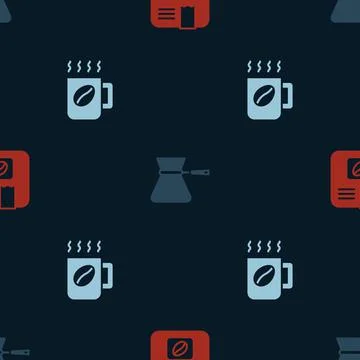 Set Bag of coffee beans, Coffee turk and cup on seamless pattern. Vector 库存插图