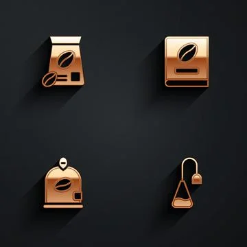 Set Bag of coffee beans, Coffee book, and Tea bag icon with long shadow. Vector Stock Illustration