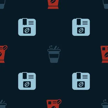 Set Bag of coffee beans, Coffee cup to go and on seamless pattern. Vector Stock Illustration