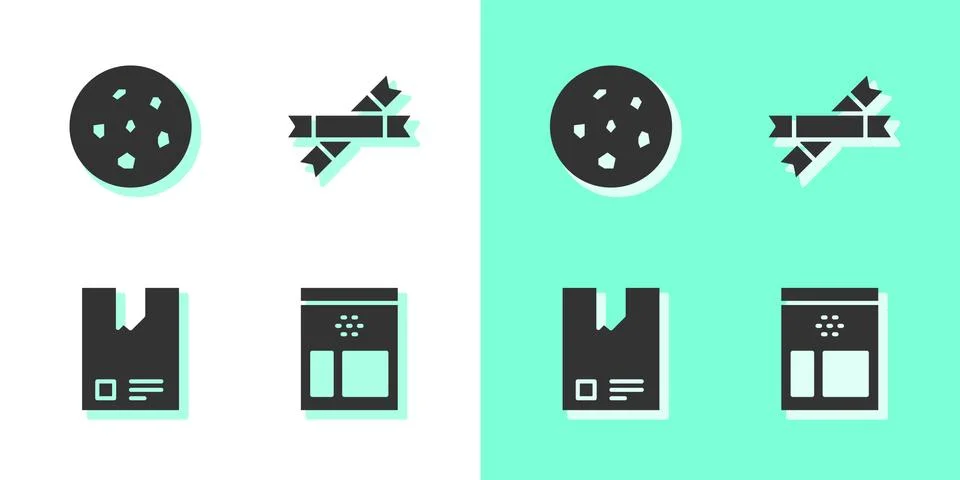 Set Bag of coffee beans, Cookie or biscuit, and Sugar stick packets icon. Vector Stock Illustration