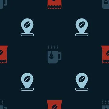 Set Bag of coffee beans, Cup tea with bag and Location on seamless pattern 库存插图
