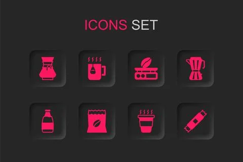Set Bag of coffee beans, Cup tea with bag, Pour over maker, Coffee cup to g.. Ilustração Stock