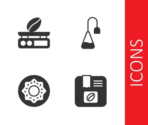 Set Bag of coffee beans, Electronic scales, Donut and Tea bag icon. Vector Stock Illustration