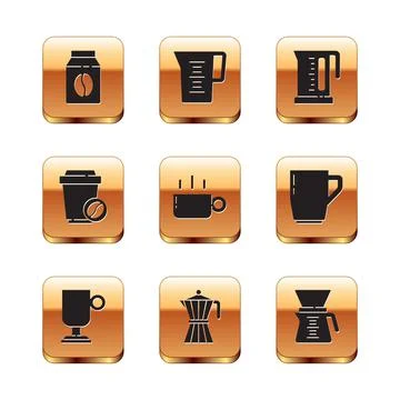 Set Bag of coffee beans, Irish, Coffee moca pot, cup, to go, Electric kettle Ilustración de archivo