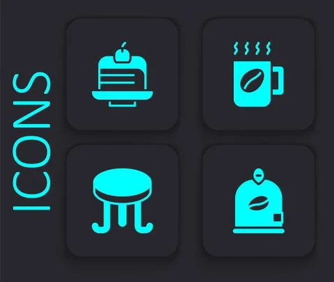 Set Bag of coffee beans, Piece cake, Coffee cup and table icon. Black square Stock Illustration