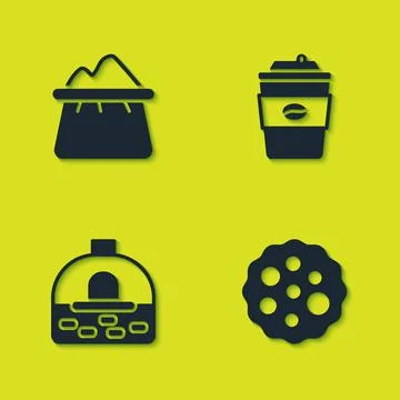 Set Bag of flour, Cookie or biscuit, Brick stove and Coffee cup go icon. Vector Stock Illustration