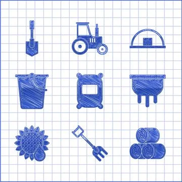 Set Bag of flour, Garden rake, Roll hay, Udder, Sunflower, Bucket, Hangar and Illustration