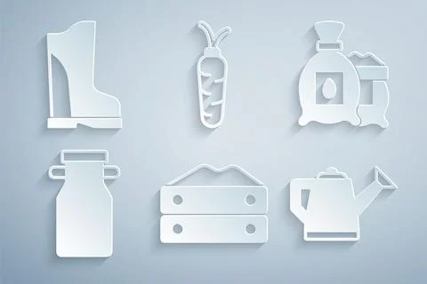 Set Bag of flour, Pack full seeds plant, Can container for milk, Watering c.. Stock Illustration