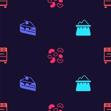 Set Bag of flour, Piece cake, Jelly candy and Oven on seamless pattern. Vector イラスト素材