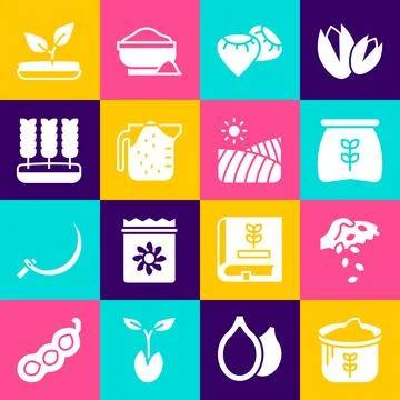 Set Bag of flour, Seed, Measuring cup, Wheat, Sprout and Agriculture wheat field Illustrazione stock