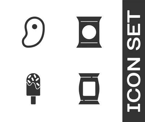 Set Bag or packet potato chips, Steak meat, Ice cream and icon. Vector Stock Illustration