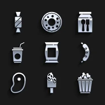 Set Bag or packet potato chips, Ice cream, Popcorn in box, Hotdog, Steak meat Stock Illustration