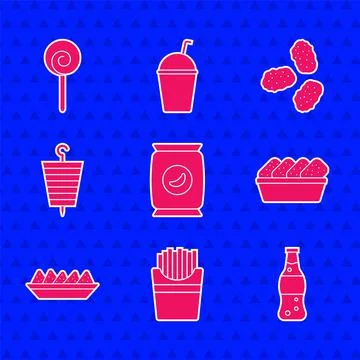 Set Bag or packet potato chips, Potatoes french fries in box, Bottle of water Stock Illustration