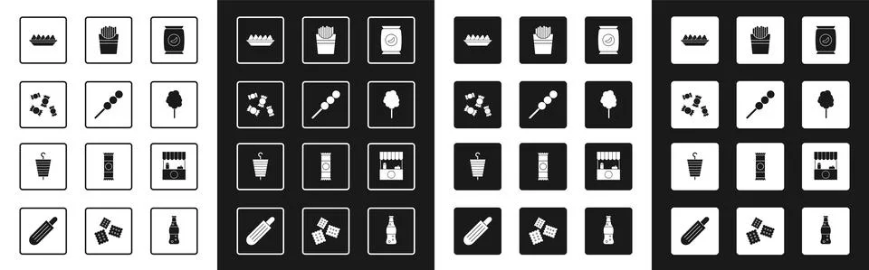 Set Bag or packet potato chips, Meatballs on wooden stick, Candy, Nachos in Stock Illustration