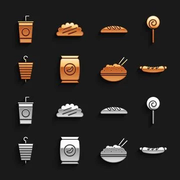 Set Bag or packet potato chips, Lollipop, Hotdog sandwich, Rice in bowl wit.. Stock Illustration