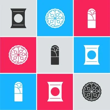 Set Bag or packet potato chips, Pizza and Doner kebab icon. Vector Stock Illustration