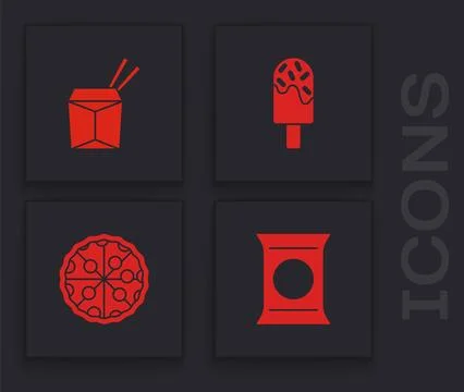 Set Bag or packet potato chips, Asian noodles and chopsticks, Ice cream and.. Stock Illustration