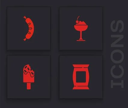 Set Bag or packet potato chips, Hotdog, Ice cream in bowl and  icon. Vector Stock Illustration