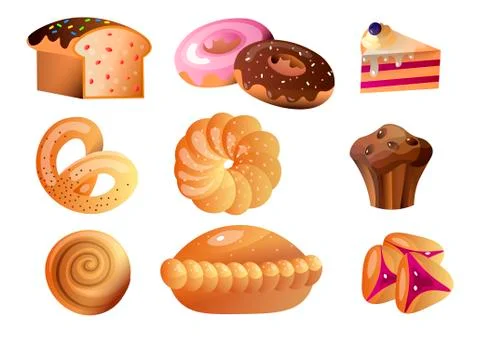 Set of baked goods with different types of bread sweet buns muffins biscuits Illustrazione stock
