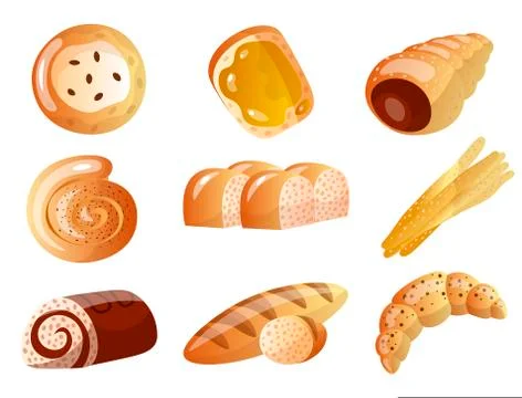 Set of baked goods with different types of bread sweet buns muffins biscuits Illustrazione stock
