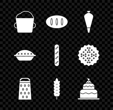 Set Bakery bowl dough Bread loaf Pastry bag for decorate cakes Grater Cereals Stock Illustration