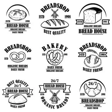 Set of bakery, bread shop emblems. Design element for logo, label, sign, bann 库存插图