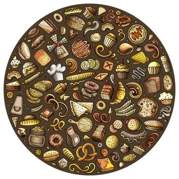 Set of bakery cartoon doodle objects. Round composition イラスト素材