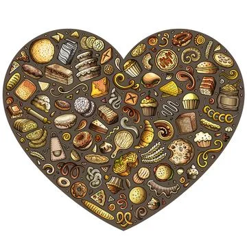 Set of bakery cartoon doodle objects. Heart form composition Stock Illustration