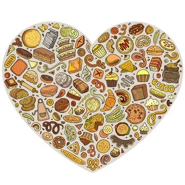 Set of bakery cartoon doodle objects. Heart form composition イラスト素材