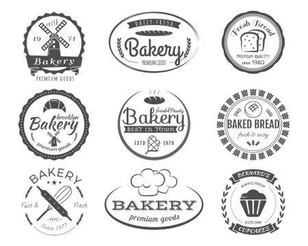 Set of bakery labels, badges and design elements, symbols. Fresh bread, cakes Illustrazione stock