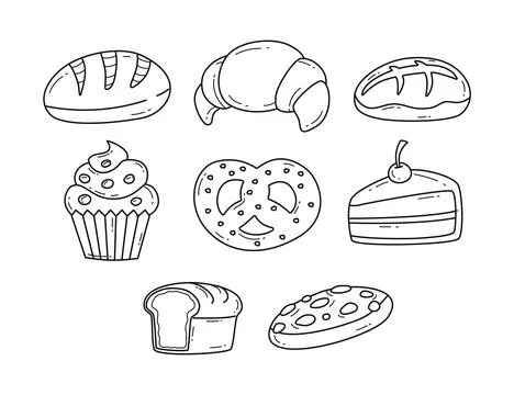 Set of Bakery Objects Outline Set Collection, Bakery Elements Line Art styl.. Stock Illustration