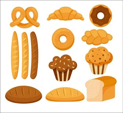 SET OF BAKERY PRODUCTS. PASTRY BAKING, CROISSANT. BREAD, BATON, PELETENKA, CU Stock Illustration