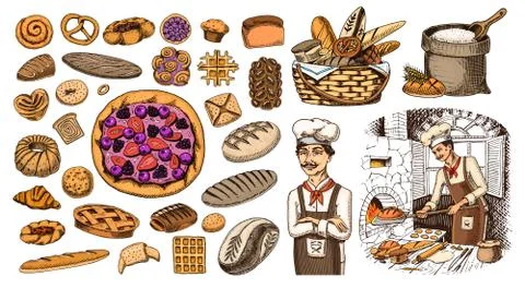 Set of Bakery products. Pastry chef and bag of flour. Bread and pie, buns and Stock Illustration