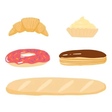 Set bakery products on white background. Cartoon baguette, doughnut, eclair,  Illustrazione stock