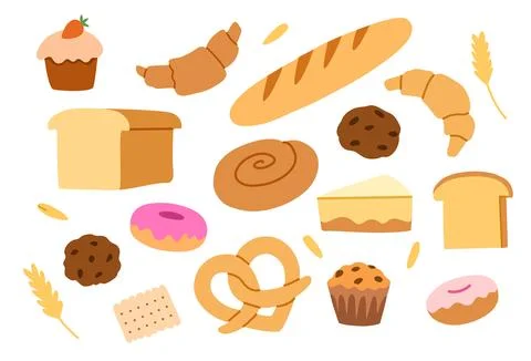 Set of bakery vector elements, croissant, bread, cakes and cookies. Cute do.. Stock Illustration